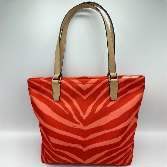 💰SALE💰 COACH Signature Fabric Orange/Tan Zebra Print Tote w/Leather Trim - Picture 3 of 14